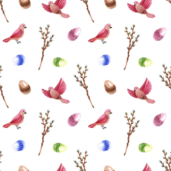 水彩春复活节无缝图案 蛋和柳枝在白色背景上相互隔离 — 图库照片