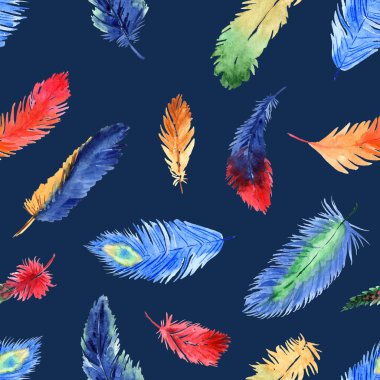 Suluboya, mavi arka planda parlak tropikal tüylerle kusursuz bir desen.