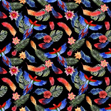 Siyah arka planda parlak tropikal tüyleri, çiçekleri, yaprakları ve papağanı olan suluboya, kusursuz desen.