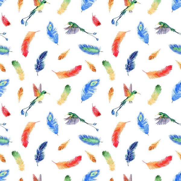 Aquarelle Motif Sans Couture Été Avec Des Plumes Tropicales Lumineuses — Photo