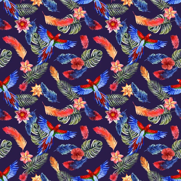 明るい熱帯の羽 葉や青の背景にマコーのオウムと水彩夏のシームレスパターン — ストック写真