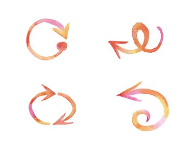 Turuncu ve pembe suluboya el boyalı fırça darbesi okları koleksiyonu beyaz arkaplanda izole edildi.