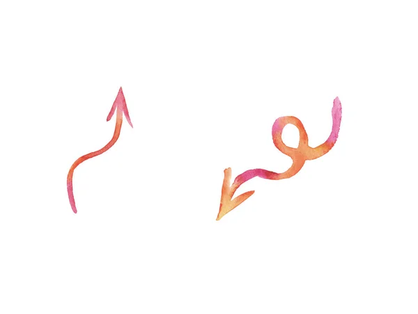 橙色和粉色水彩画手绘笔划箭头采集分离在白色背景. — 图库照片