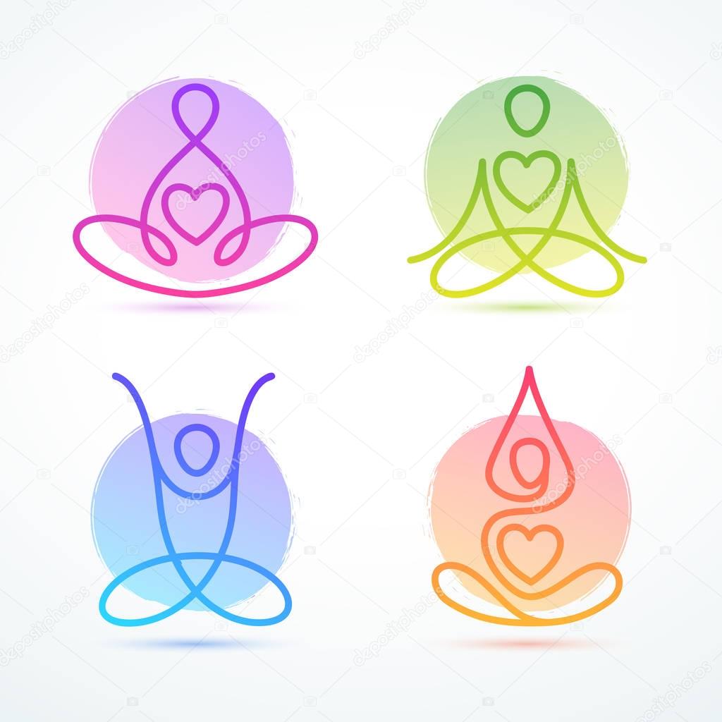 Set of line-figures in lotus poses for yoga and wellness