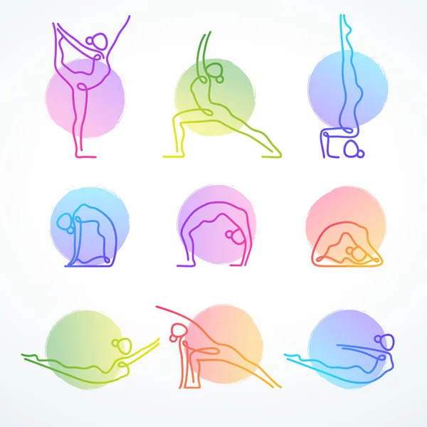 Conjunto de coloridas figuras de línea vectorial en varias poses de yoga — Vector de stock