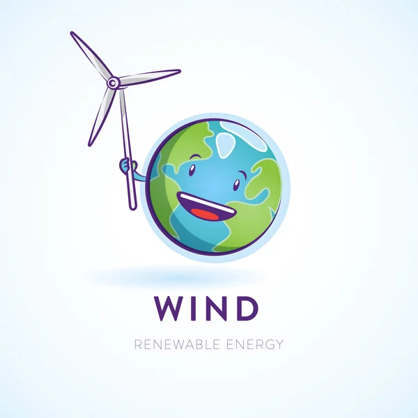 Vektorillustration av glada jorden karaktär håller ett vindkraftverk Vektorgrafik