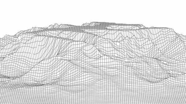 Wireframe paysage 3D montagnes. Fil paysage Wireframe. La grille du cyberespace. Illustration vectorielle. — Image vectorielle
