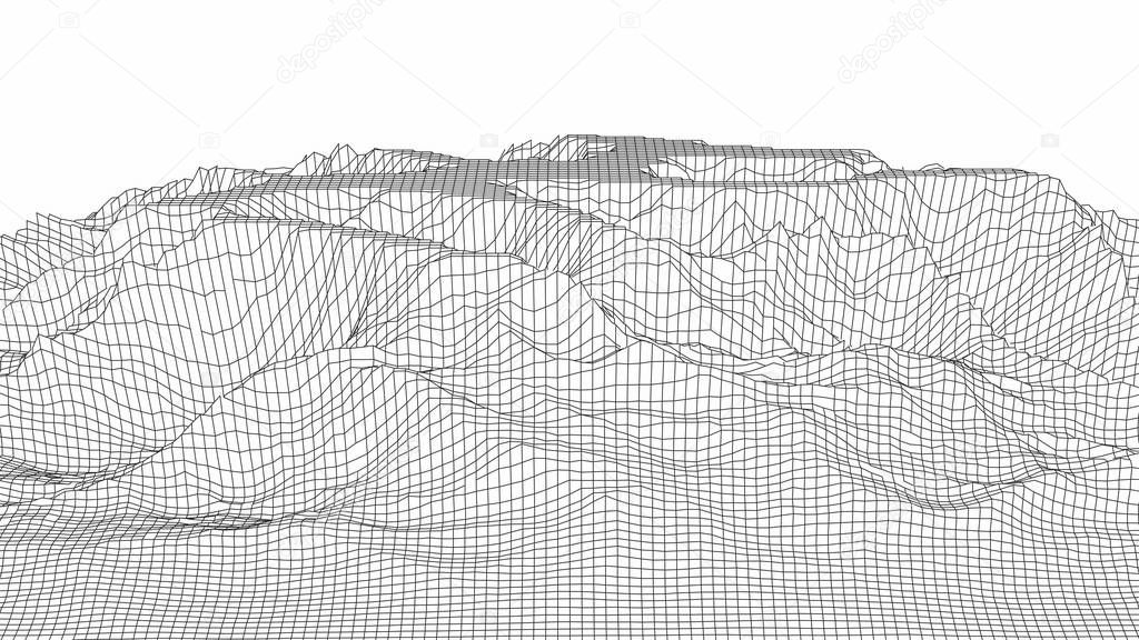 Wireframe 3D landscape mountains. Wireframe landscape wire. Cyberspace grid. Vector illustration.
