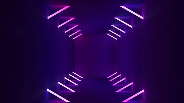 Blue neon room corridor background. Light abstract futuristic design. Laser line glow. Geometric figure in neon light against a dark tunnel. 3d render. — Stock Photo, Image