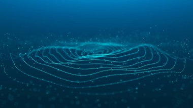 3 boyutlu dalga. Parçacık dalgası. Soyut dijital parçacıkların parladığı üç boyutlu arka plan. Veri teknolojisi çizimi. Büyük veri görselleştirmesi.