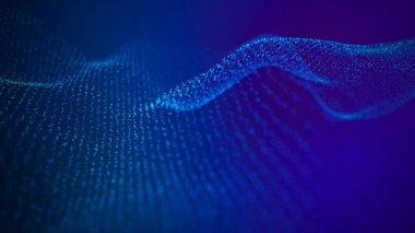 3 boyutlu dalga. Parçacık dalgası. Soyut Mavi Geometrik Arkaplan. Büyük veri görselleştirmesi. Veri teknolojisi soyut gelecek çizimi. 3d oluşturma.