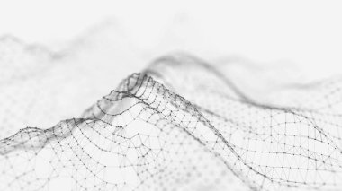 3 boyutlu dalga. Parçacık dalgası. Soyut dijital parçacıkların parladığı üç boyutlu arka plan. Veri teknolojisi çizimi. Büyük veri görselleştirmesi.