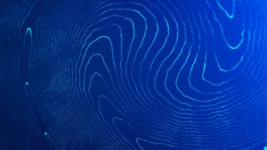 3 boyutlu dalga. Parçacık dalgası. Soyut Mavi Geometrik Arkaplan. Büyük veri görselleştirmesi. Veri teknolojisi soyut geleceksel illüstrasyon.