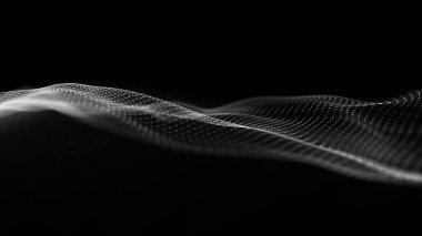 3 boyutlu dalga. Parçacık dalgası. Soyut siyah Geometrik Arkaplan. Büyük veri görselleştirmesi.