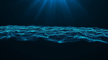 3 boyutlu dalga. Parçacık dalgası. Soyut Mavi Geometrik Arkaplan. Büyük veri görselleştirmesi. Veri teknolojisi soyut gelecek çizimi. 3d oluşturma.