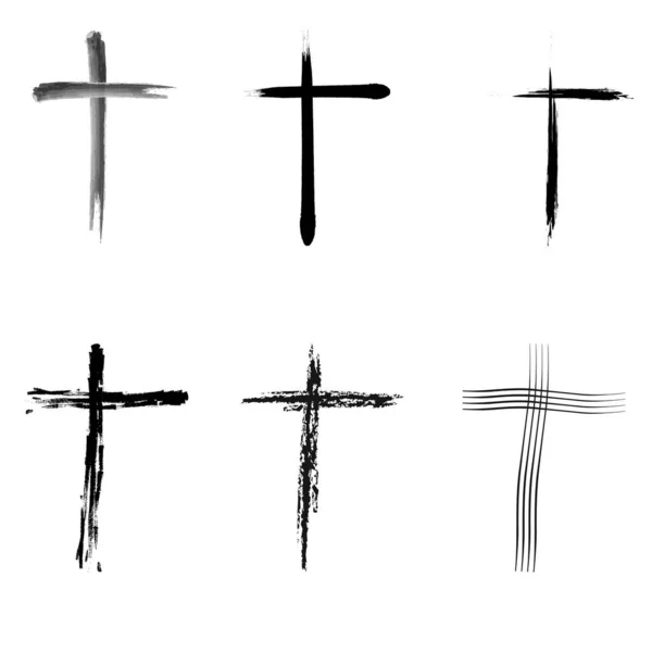 Religion Cross Icon Set Black Christian Cross Icon Hand Drawn — Stock Vector