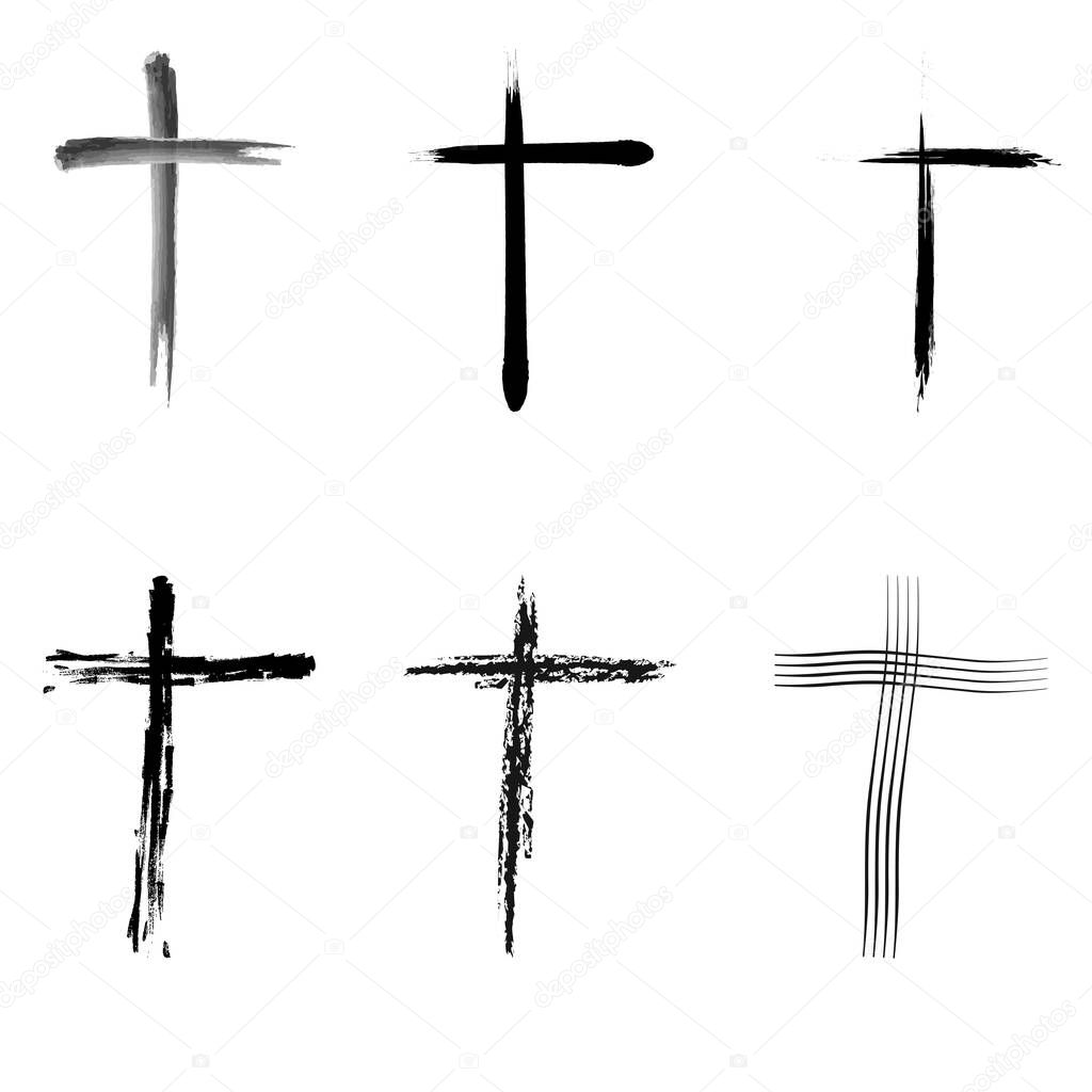 Religion cross icon set. Black christian cross icon. Hand drawn christian cross.