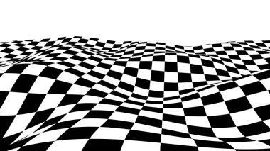 Satranç dalgaları tahtası. Soyut üç boyutlu siyah beyaz illüzyonlar. Yatay çizgiler çizgili desen ya da dalgalı çarpıtma etkisiyle arka plan. Vektör illüstrasyonu.