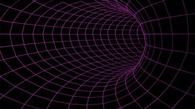 Dijital 3D kablo çerçeveli tünel. Üç boyutlu tünel ızgarası. Ağ siber teknolojisi. Sürrealizm. Arkaplan soyut vektör resmi
