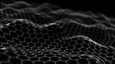 Geleceğin kara altıgen arka planı. Parçacık dalgası. 3 boyutlu görüntüleme. Veri teknolojisi arka planı