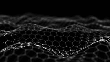 Geleceğin kara altıgen arka planı. Parçacık dalgası. 3 boyutlu görüntüleme. Veri teknolojisi arka planı
