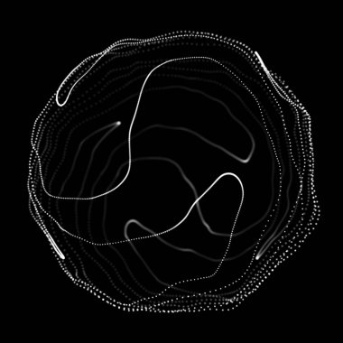 Soyut siyah 3D küre. Bükülme çizgileri olan küre. Parlak çizgiler bükülüyor. Dış uzay nesnesi. Gelecekçi teknoloji tarzı. Küre parçacıkları. 3d oluşturma.