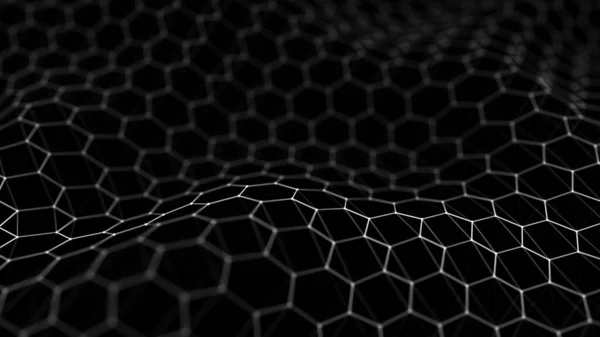 Futuristic black hexagon background. Wave of particles. 3D rendering. Data technology background