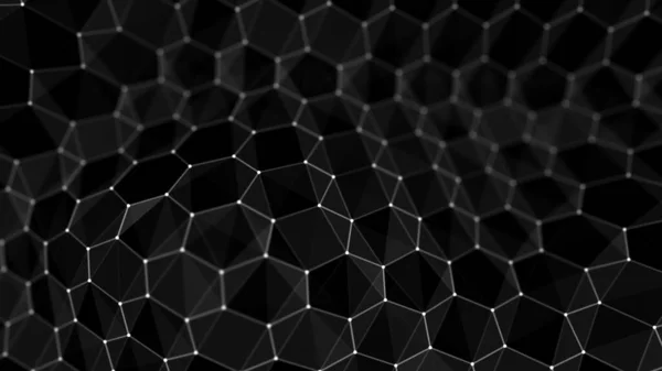 Futuristic black hexagon background. Wave of particles. 3D rendering. Data technology background