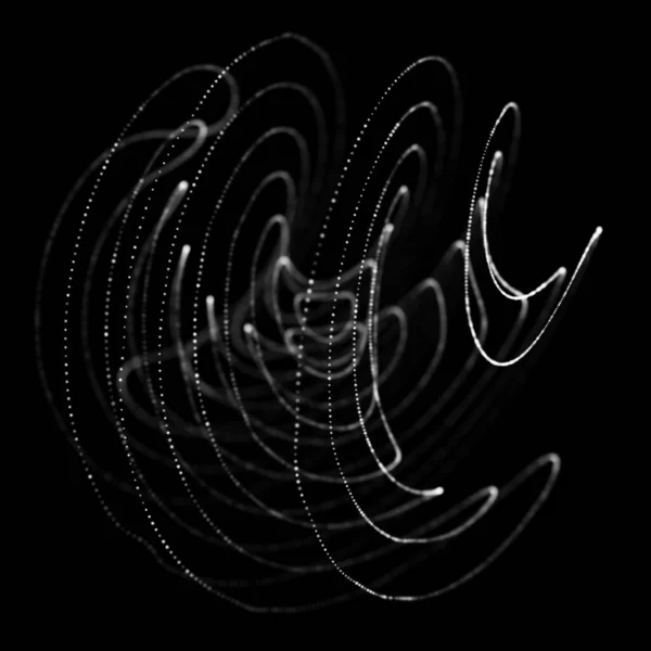 抽象的黑色三维球体 带扭曲线的球体 光彩夺目的线扭曲 外层空间物体 未来派技术风格 球状粒子 3D渲染 — 图库照片