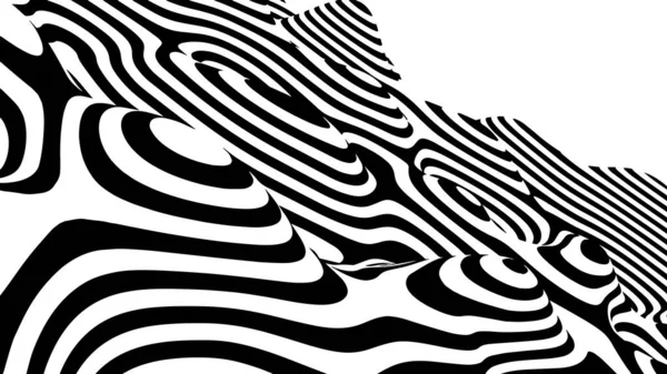 光錯視波 抽象3D黒と白の幻想 波状歪み効果のある水平線ストライプパターンまたは背景 — ストックベクタ