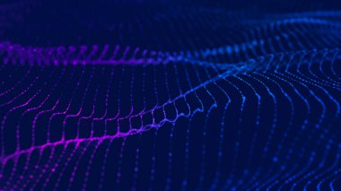 Parçacık dalgası. Soyut Mavi Geometrik Arkaplan. Büyük veri görselleştirmesi. Veri teknolojisi soyut gelecek çizimi. 3d oluşturma.