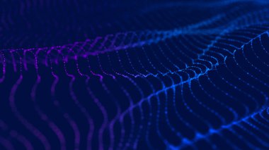 Parçacık dalgası. Soyut Mavi Geometrik Arkaplan. Büyük veri görselleştirmesi. Veri teknolojisi soyut gelecek çizimi. 3d oluşturma.