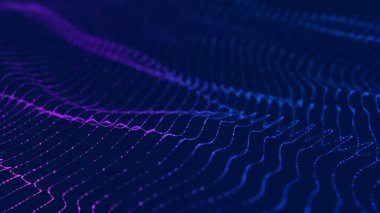 Parçacık dalgası. Soyut Mavi Geometrik Arkaplan. Büyük veri görselleştirmesi. Veri teknolojisi soyut gelecek çizimi. 3d oluşturma.