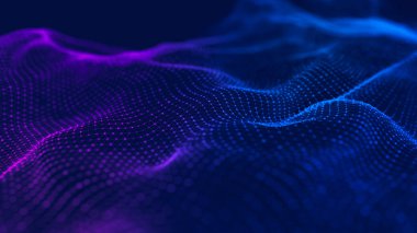 Parçacık dalgası. Soyut Mavi Geometrik Arkaplan. Büyük veri görselleştirmesi. Veri teknolojisi soyut gelecek çizimi. 3d oluşturma.