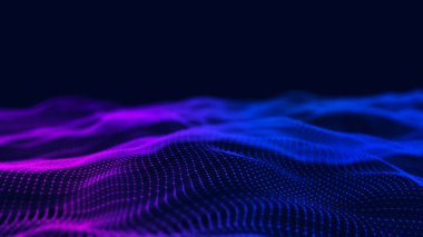 Parçacık dalgası. Soyut Mavi Geometrik Arkaplan. Büyük veri görselleştirmesi. Veri teknolojisi soyut gelecek çizimi. 3d oluşturma.