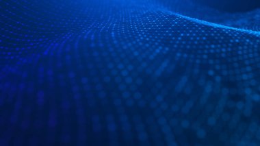 Parçacık dalgası. Soyut Mavi Geometrik Arkaplan. Büyük veri görselleştirmesi. Veri teknolojisi soyut gelecek çizimi. 3d oluşturma.