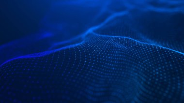 Parçacık dalgası. Soyut Mavi Geometrik Arkaplan. Büyük veri görselleştirmesi. Veri teknolojisi soyut gelecek çizimi. 3d oluşturma.