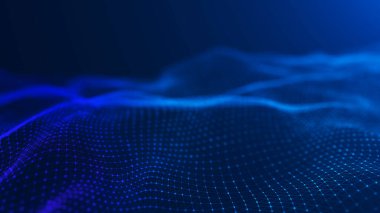 Parçacık dalgası. Soyut Mavi Geometrik Arkaplan. Büyük veri görselleştirmesi. Veri teknolojisi soyut gelecek çizimi. 3d oluşturma.