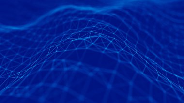 Parçacık dalgası. Soyut Mavi Geometrik Arkaplan. Büyük veri görselleştirmesi. Veri teknolojisi soyut gelecek çizimi. 3d oluşturma.