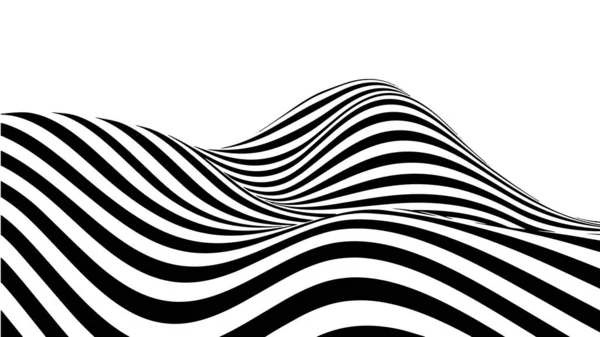 光錯視波 抽象3D黒と白の幻想 波状歪み効果のある水平線ストライプパターンまたは背景 — ストックベクタ