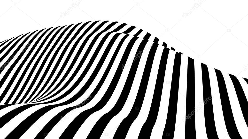 Optical illusion wave. Abstract 3d black and white illusions. Horizontal lines stripes pattern or background with wavy distortion effect.