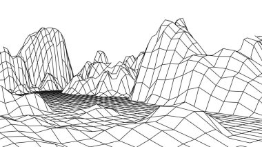 Tel çerçeve 3 boyutlu manzara dağları. Kablo çerçeveli peyzaj teli. Vektör illüstrasyonu.