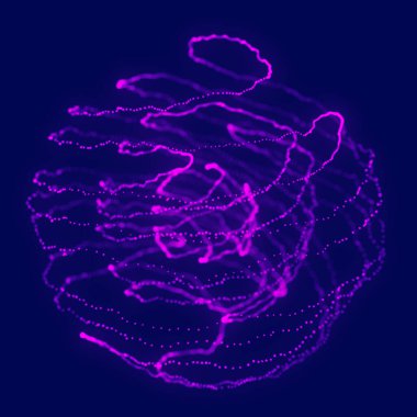 Soyut mavi 3D küre. Bükülme çizgileri olan küre. Parlak çizgiler bükülüyor. Dış uzay nesnesi. Gelecekçi teknoloji tarzı. Küre parçacıkları. 3d oluşturma.