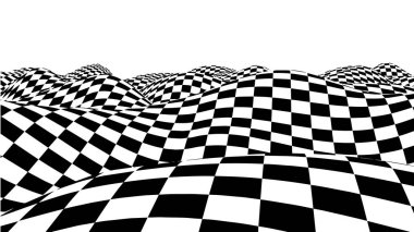Optik illüzyon dalgası. Satranç dalgaları tahtası. Soyut üç boyutlu siyah beyaz illüzyonlar. Yatay çizgiler çizgili desen ya da dalga bozma efektli arkaplan.