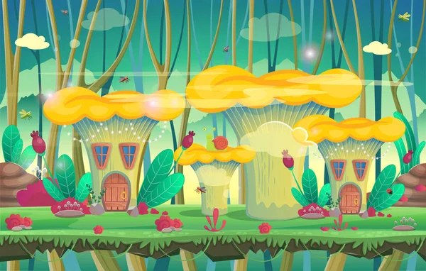 Antecedentes Para Jogos Aplicativos Móveis Floresta Com Casas Cogumelos Ilustração —  Vetores de Stock
