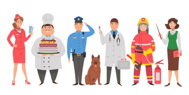 Çizgi film karakterleri: hostes, şef, polis, doktor, itfaiyeci, öğretmen. Vektör illüstrasyonu. 