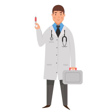 Şırıngalı bir doktor. Düz çizgi film biçimi vektör çizimi.