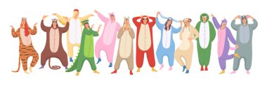 Kadınlar ve erkekler Cadılar Bayramı 'nda ya da yeni yıl pijama partisinde hayvan pijaması giyiyorlar. Takım elbiseler Çin takviminden: kaplan, maymun, tavuk, ejderha, domuz, köpek, boğa, tavşan, koyun, yılan