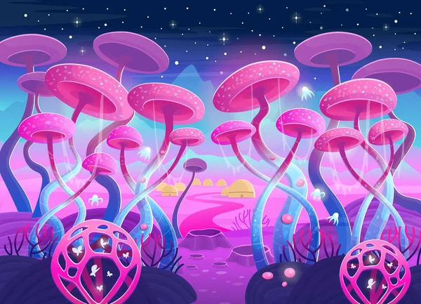 Fantasy Landscape Magical Plants Mushrooms Illustration Space Background Games Mobile — 스톡 벡터