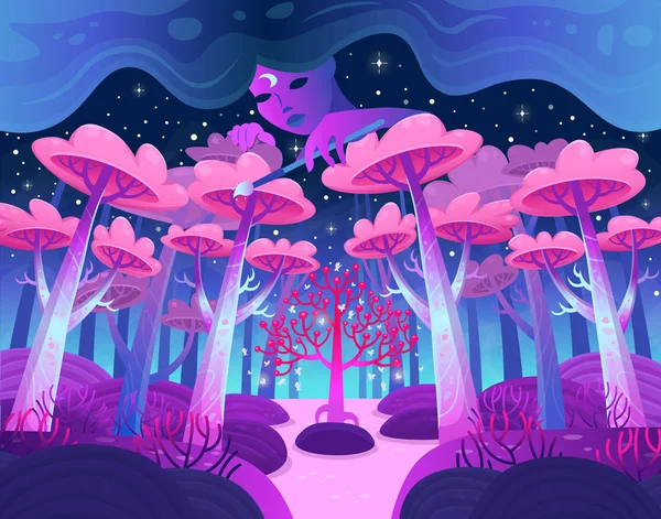 Een Gaming Achtergrond Natuur Landschap Nachtbos Met Magische Bomen Een — Stockvector
